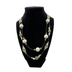 Two Strand Silver and White Beaded Necklace 18 inch with 3 inch extender